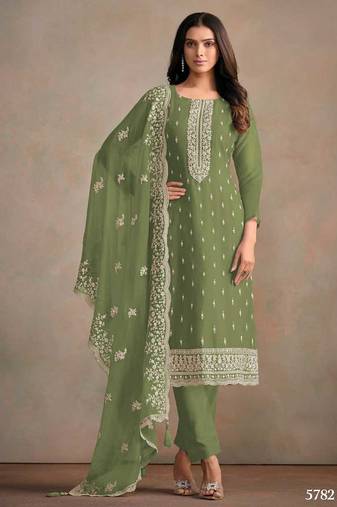Olive green organza silk semi stitched wedding suits