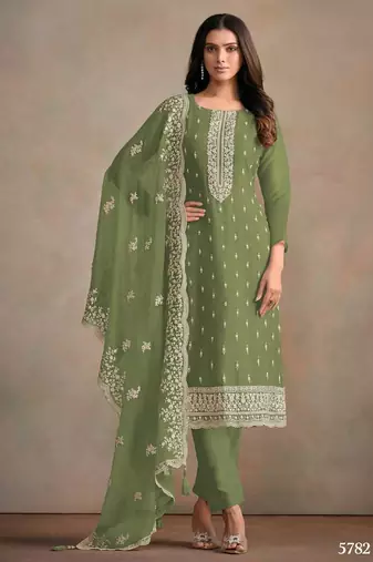 Olive green organza silk semi stitched wedding suits