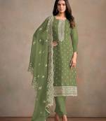 Olive green organza silk semi stitched wedding suits