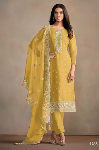 Yellow organza silk semi stitched wedding suits