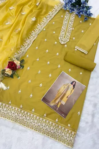 Yellow organza silk semi stitched wedding suits