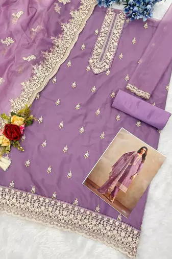 Light purple organza silk semi stitched wedding suits