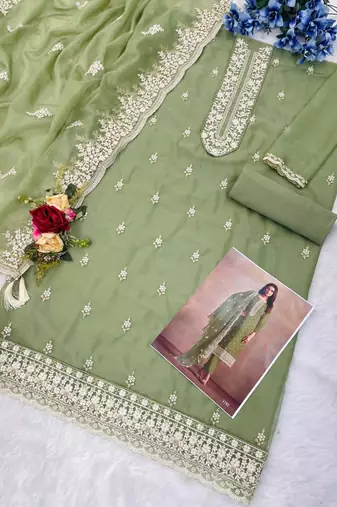 Olive green organza silk semi stitched wedding suits