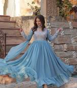 Sky blue georgette anarkali gown with embroidery beads & sequins work     fully stitched ethnic wear for women
