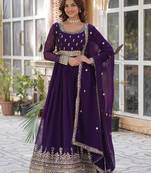Purple faux blooming anarkali gown with intricate zari & sequin embroidery   fully stitched partywear for women