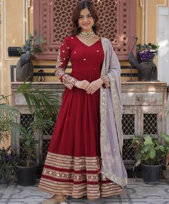 Maroon zari & sequin embroidered faux blooming anarkali gown with net dupatta   fully stitched festive wear for women 1