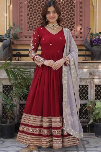 Maroon zari & sequin embroidered faux blooming anarkali gown with net dupatta     fully stitched festive wear for women