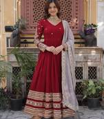 Maroon zari & sequin embroidered faux blooming anarkali gown with net dupatta   fully stitched festive wear for women