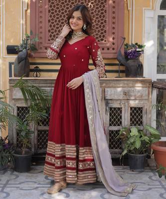 Maroon zari & sequin embroidered faux blooming anarkali gown with net dupatta   fully stitched festive wear for women 3