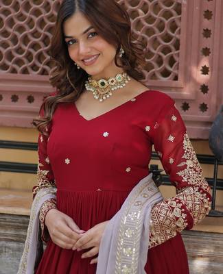 Maroon zari & sequin embroidered faux blooming anarkali gown with net dupatta   fully stitched festive wear for women 4