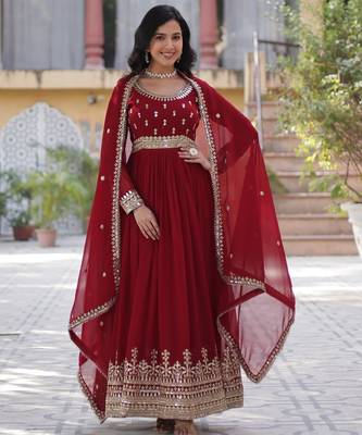 Maroon faux blooming anarkali gown with heavy zari & sequin embroidery   fully stitched festive wear for women 1