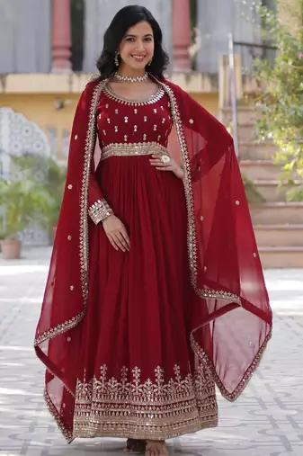 Maroon faux blooming anarkali gown with heavy zari & sequin embroidery     fully stitched festive wear for women