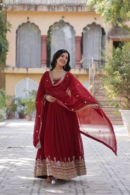 Maroon faux blooming anarkali gown with heavy zari & sequin embroidery   fully stitched festive wear for women 3