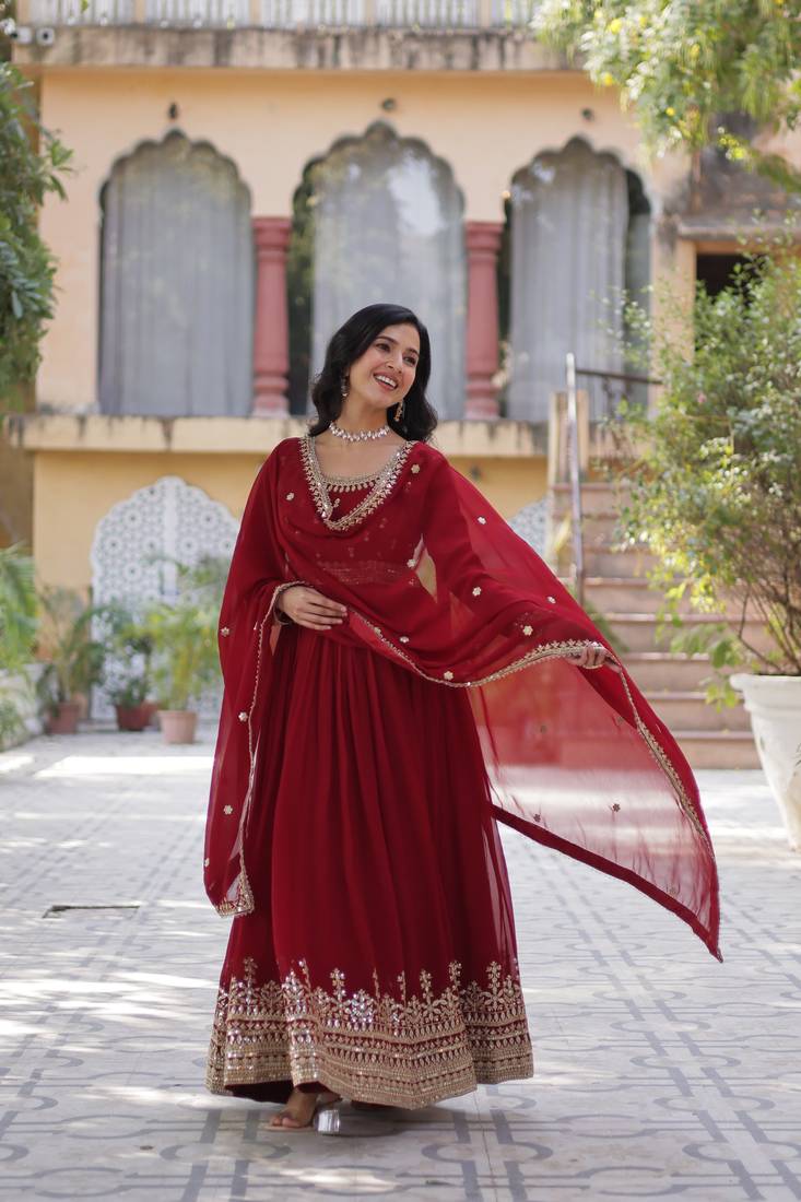 Maroon faux blooming anarkali gown with heavy zari & sequin embroidery   fully stitched festive wear for women