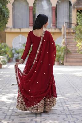 Maroon faux blooming anarkali gown with heavy zari & sequin embroidery   fully stitched festive wear for women 4