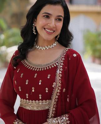 Maroon faux blooming anarkali gown with heavy zari & sequin embroidery   fully stitched festive wear for women 5
