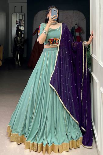 Impressive Sea Green Gota Patti Work Rayon Lehenga Choli With Dupatta
