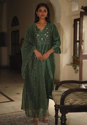 Bottle green glass beaded suit set 1