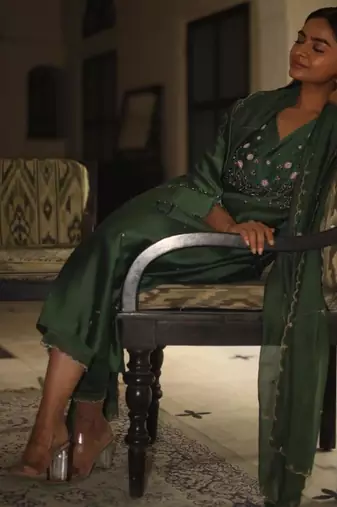 Bottle green glass beaded suit set