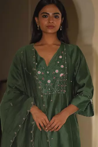 Bottle green glass beaded suit set