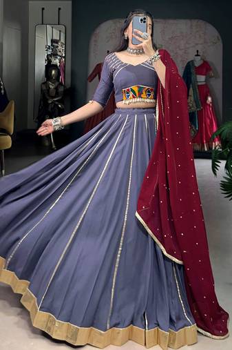 Rich Grey Rayon Mirror Work Traditional Lehenga Choli With Dupatta
