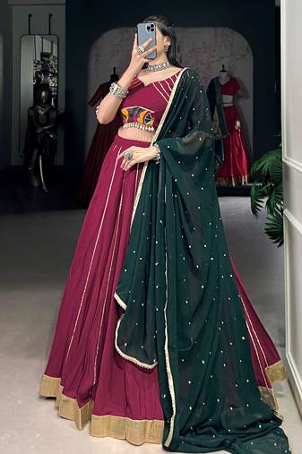 Artistic Maroon Gamthi Work Pure Rayon Lehenga Choli With Dupatta