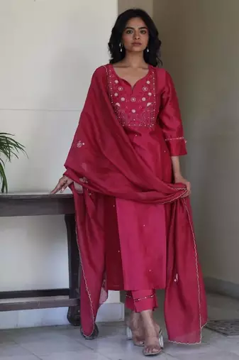 Magenta pink glass beaded suit set