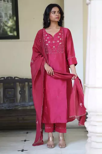 Magenta pink glass beaded suit set