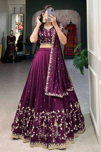 Tantalizing Wine Silk Sequins Embroidered Lehenga Choli With Dupatta
