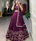 Tantalizing Wine Silk Sequins Embroidered Lehenga Choli With Dupatta
