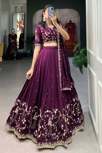 tantalizing wine silk sequins embroidered lehenga set choli with dupatta with dupatta