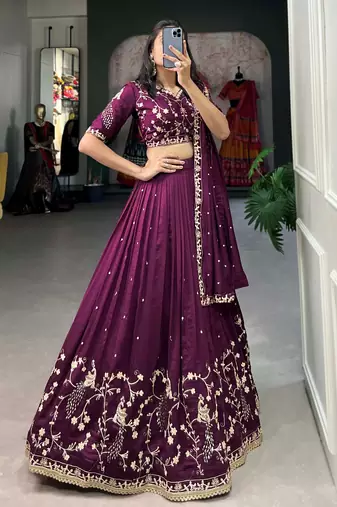 tantalizing wine silk sequins embroidered lehenga set choli with dupatta with dupatta