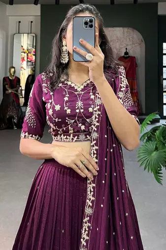 tantalizing wine silk sequins embroidered lehenga set choli with dupatta with dupatta