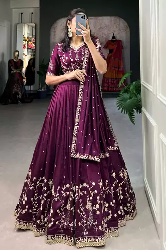 tantalizing wine silk sequins embroidered lehenga set choli with dupatta with dupatta
