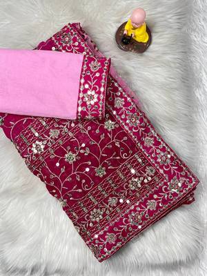 Pink Colour Soft Georgette Fabric Saree With Heavy Thread Work With Unstitched Blouse 1