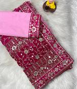Pink Colour Soft Georgette Fabric Saree With Heavy Thread Work With Unstitched Blouse