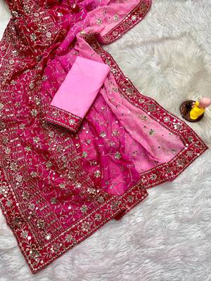 Pink Colour Soft Georgette Fabric Saree With Heavy Thread Work With Unstitched Blouse 3