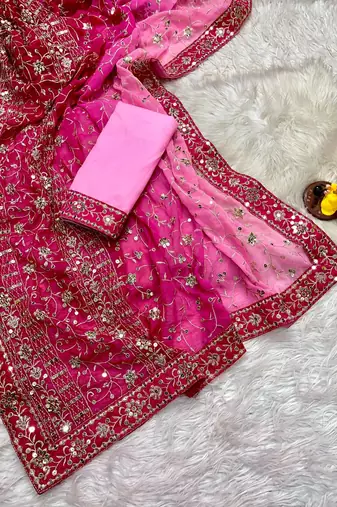 Pink Colour Soft Georgette Fabric Saree With Heavy Thread Work With Unstitched Blouse