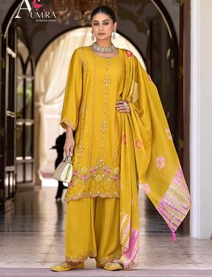 Yellow premium embroidered pure-satin stitched plazzo suit 1