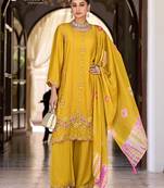 Yellow premium embroidered pure-satin stitched plazzo suit
