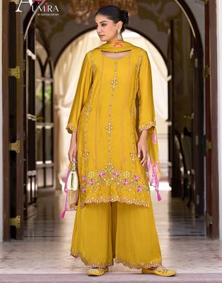 Yellow premium embroidered pure-satin stitched plazzo suit 2