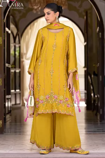 Yellow premium embroidered pure-satin stitched plazzo suit