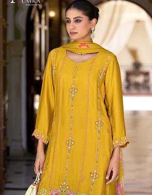 Yellow premium embroidered pure-satin stitched plazzo suit 3