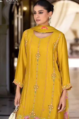 Yellow premium embroidered pure-satin stitched plazzo suit