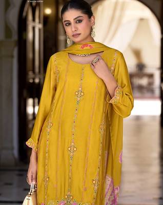 Yellow premium embroidered pure-satin stitched plazzo suit 4