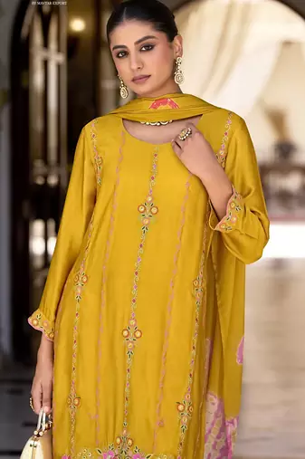 Yellow premium embroidered pure-satin stitched plazzo suit