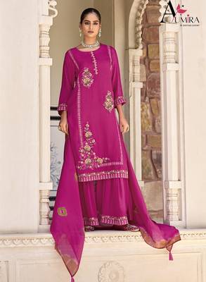 Pink premium embroidered pure jacquard readymade plazzo suit 1