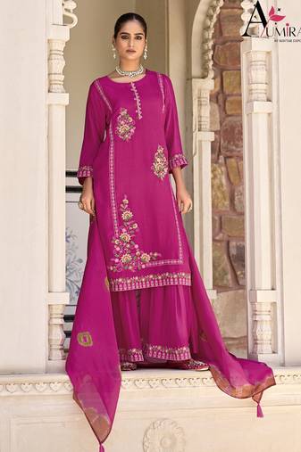 Pink premium embroidered pure jacquard readymade plazzo suit