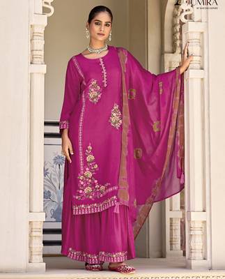 Pink premium embroidered pure jacquard readymade plazzo suit 2