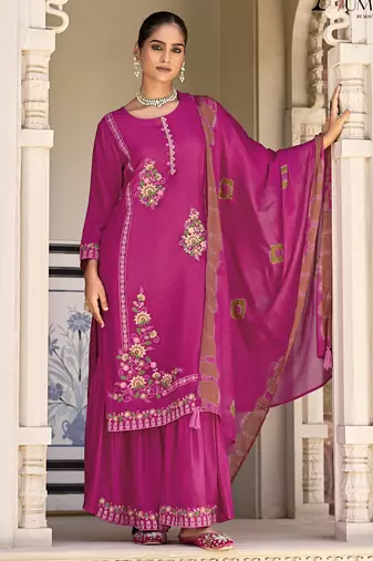 Pink premium embroidered pure jacquard readymade plazzo suit